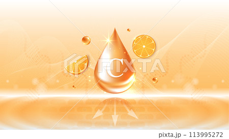 Vitamin C and orange fruit. drop vitamin C and cream collagen complex with from serum nature skin care vitamins. natural skin care cosmetic stimulate collagen. vector design. 113995272