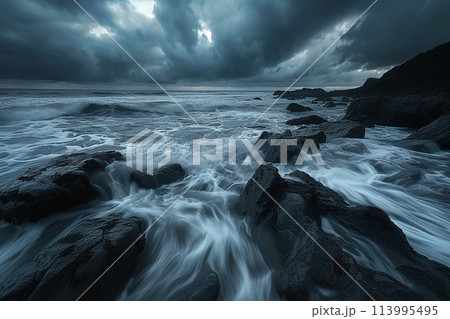 暗く荒れた海の風景 113995495