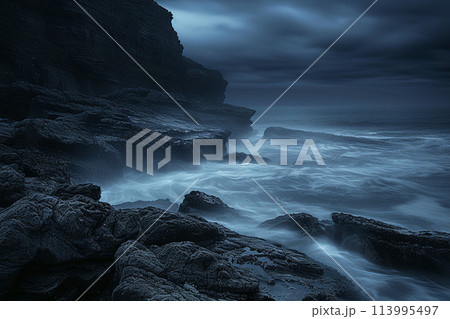 暗く荒れた海の風景 113995497