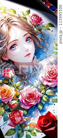 水彩画絵具と薔薇に埋もれる少女のイラスト素材 [113995500] - PIXTA