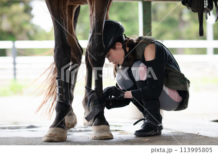 乗馬の準備をする女の子 乗馬の準備をする女の子 113995805