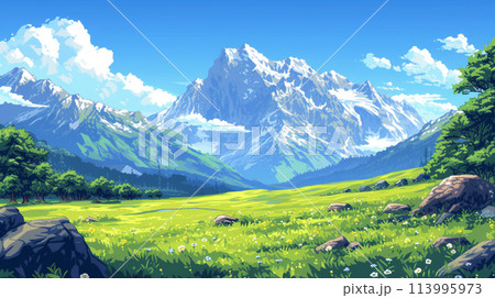 ピクセルアートスタイルの青空と山々 113995973