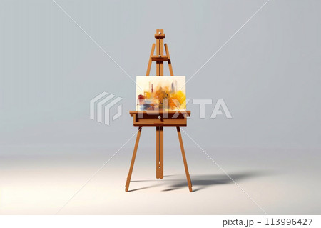 Art exhibition. Easel with colored spots. 113996427