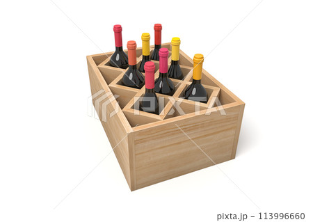 Variety of wines in compartmentalized crate Variety of wines in compartmentalized crate 113996660