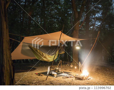 夜の焚火とハンモック 113996702
