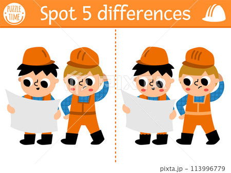Find differences game for children. Construction site educational activity with boy engineers. Cute puzzle for kids with funny worker. Printable worksheet or page for logic and attention skills Find differences game for children. Construction site educational activity with boy engineers. Cute puzzle for kids with funny worker. Printable worksheet or page for logic and attention skills 113996779