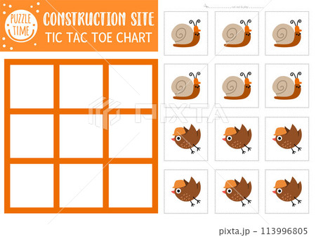 Vector construction site tic tac toe chart with snail and bird workers in hard hats. Building works board game playing field with cute characters. Funny printable worksheet. Noughts and crosses grid Vector construction site tic tac toe chart with snail and bird workers in hard hats. Building works board game playing field with cute characters. Funny printable worksheet. Noughts and crosses grid 113996805