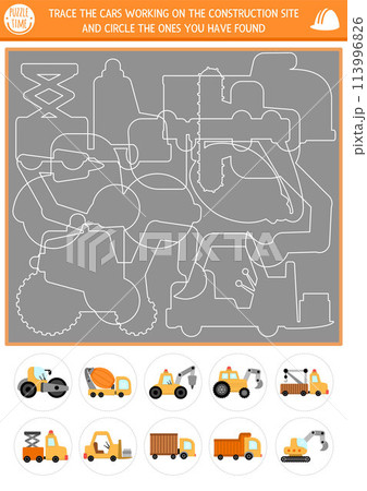 Construction site tracing, shape and line recognition activity with industrial vehicles. Building works puzzle with white truck contours. Find and circle correct silhouette printable worksheet for Construction site tracing, shape and line recognition activity with industrial vehicles. Building works puzzle with white truck contours. Find and circle correct silhouette printable worksheet for 113996826