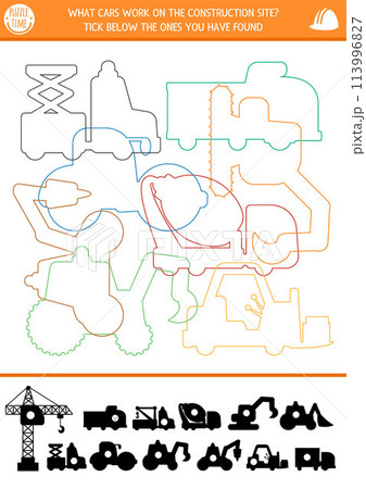 Construction site shadow, shape and line recognition activity with industrial vehicles. Building works puzzle with colored truck contours. Find correct silhouette printable worksheet, game for kids Construction site shadow, shape and line recognition activity with industrial vehicles. Building works puzzle with colored truck contours. Find correct silhouette printable worksheet, game for kids 113996827