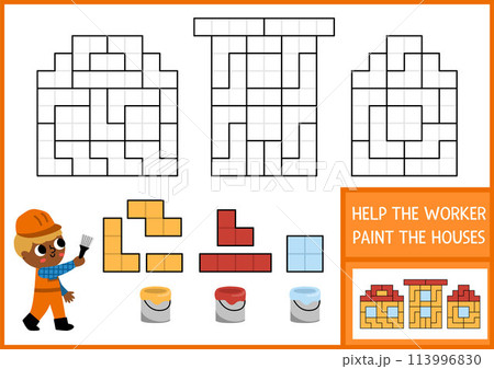 Construction site shape recognition and coloring activity with painter. Building works puzzle. Find correct silhouette printable worksheet or game for kids. Help the worker paint the houses 113996830