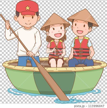 Cartoon illustration of tourists riding basket boat which is made from bamboo woven. Tourism in Vietnam. Cartoon illustration of tourists riding basket boat which is made from bamboo woven. Tourism in Vietnam. 113996847