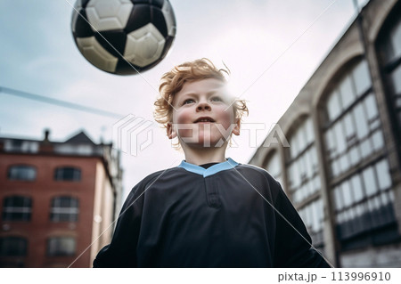 Child boy playing football. Children's football lessons. Football competition.Extracurricular sports. 113996910
