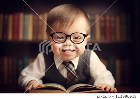 Little child boy in glasses is studying. A little genius. 113996919