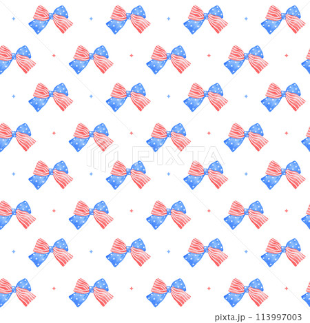 Coquette seamless pattern watercolor 4th of July ribbon bow transparent background 113997003