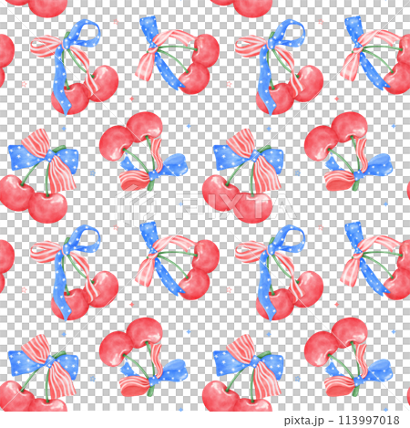 Coquette cherries seamless pattern watercolor 4th of July ribbon bow transparent background Coquette cherries seamless pattern watercolor 4th of July ribbon bow transparent background 113997018