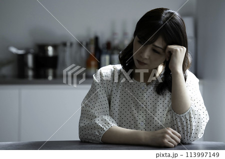 キッチンで悩む主婦 113997149