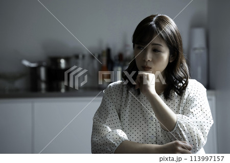 キッチンで悩む主婦 113997157
