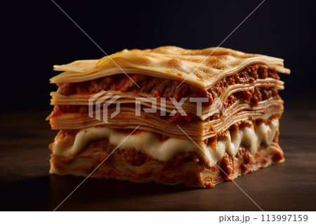 A piece of lasagna on a plate. Lasagna layers. A piece of lasagna on a plate. Lasagna layers. 113997159