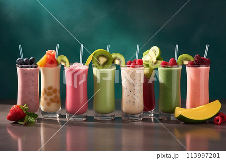 Fruit and berry smoothies on the table. 113997201