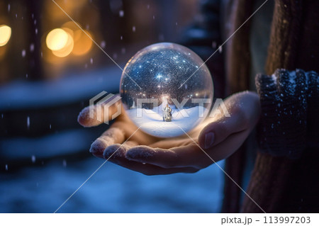 Snow magic ball. The magic of winter holidays. Magical crystal ball on the palms. 113997203