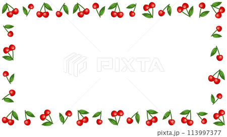 かわいい葉っぱ付きサクランボの四角い額縁フレーム、アスペクト比16:9 かわいい葉っぱ付きサクランボの四角い額縁フレーム、アスペクト比16:9 113997377