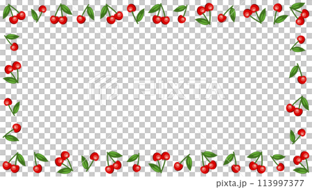 かわいい葉っぱ付きサクランボの四角い額縁フレーム、アスペクト比16:9 かわいい葉っぱ付きサクランボの四角い額縁フレーム、アスペクト比16:9 113997377