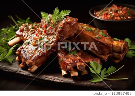 Grilled pork ribs.Sizzling Succulence: Grilled Rib Delight 113997493