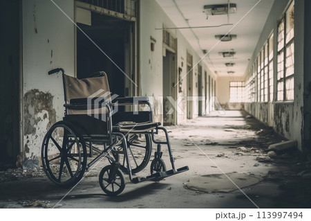 Abandoned hospital with a wheelchair.Forgotten Echoes: Abandoned Hospital Haunting. 113997494