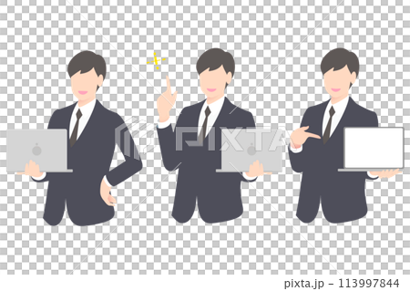 A business person/manager having an idea while holding a PC and explaining by showing the PC screen, upper body 113997844