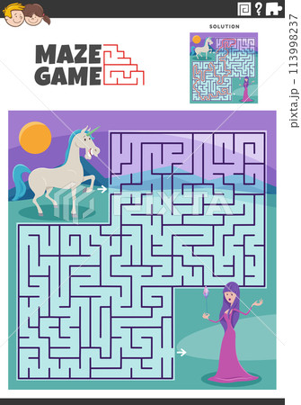 maze game with cartoon unicorn and witch fantasy characters maze game with cartoon unicorn and witch fantasy characters 113998237