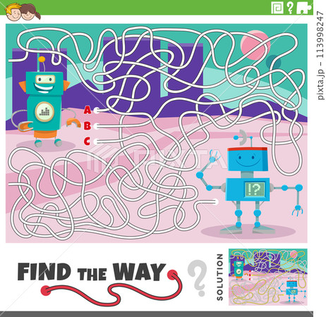 maze game with funny cartoon robots characters 113998247