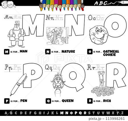 educational alphabet letters cartoon set from M to R coloring page 113998261