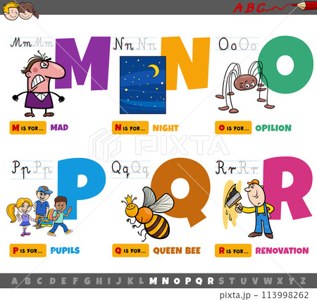 educational cartoon alphabet letters for children from M to R 113998262