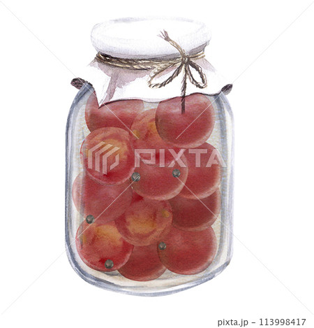 Glass jar with canned tomatoes watercolor illustration on white background. Hand drawn illustration of a jar of tomatoes for cookbooks, canning and rustic organic food recipes, agricultural shows. 113998417