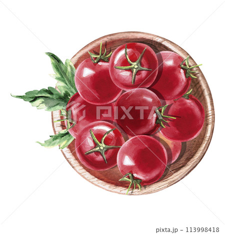 Wooden plate with tomatoes in watercolor illustration on a white background. Hand drawn illustration of bowl with vegetables for cookbooks, canning and organic food recipes, agricultural shows. 113998418