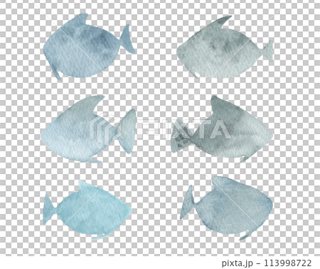 Simple blue fish.Watercolor illustration.Children's stylized sea animals. Hand drawn isolated art. Clipart of simple silhouettes for children's room, cards, books. 113998722