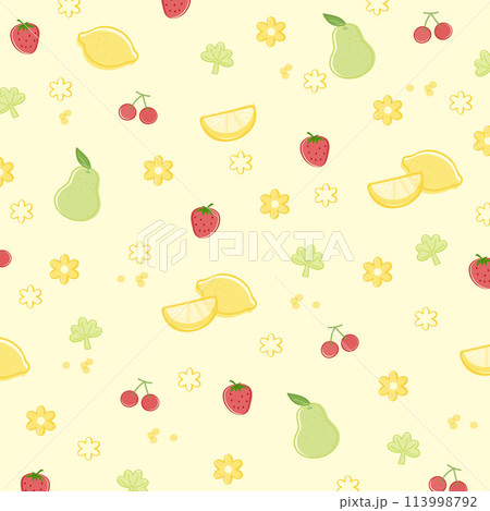 Illustration of fruits such as lemon, strawberry, cherry, mango and flower on a pastel yellow background for fruity, summer pattern, print, wallpaper, grocery shopping, supermarket, vegan, clothes 113998792
