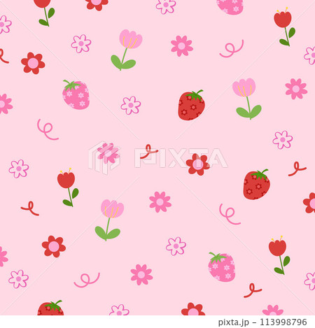 Illustration of fruits such as strawberry and flowers on a pastel pink background for Valentine, fruity backdrop, summer pattern, wallpaper, grocery shopping, supermarket, vegan, clothes, picnic 113998796