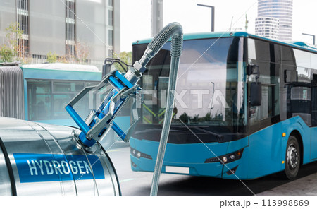 A hydrogen fuel cell bus with filling station. A hydrogen fuel cell bus with filling station. 113998869