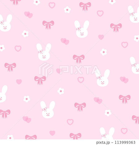 Illustration of bunny, pink ribbon and heart on a pastel pink background for sweet wallpaper, backdrop, ad template, fabric print, kid clothes, pattern, dress, paper design, animal, Valentine card Illustration of bunny, pink ribbon and heart on a pastel pink background for sweet wallpaper, backdrop, ad template, fabric print, kid clothes, pattern, dress, paper design, animal, Valentine card 113999363