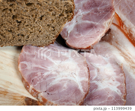 food arrangement of meat, bread food arrangement of meat, bread 113999439