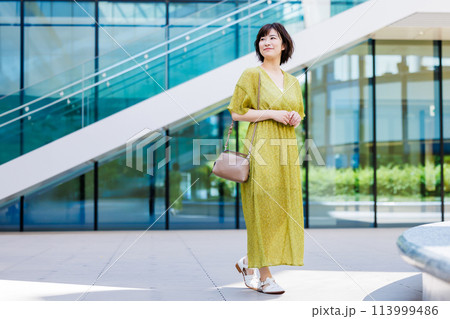 屋外を歩くワンピース姿の若い女性 屋外を歩くワンピース姿の若い女性 113999486