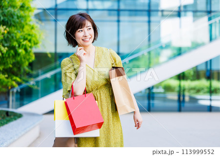 ショッピングを楽しむワンピース姿の女性 ショッピングを楽しむワンピース姿の女性 113999552