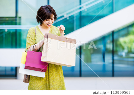 ショッピングを楽しむワンピース姿の女性 113999565