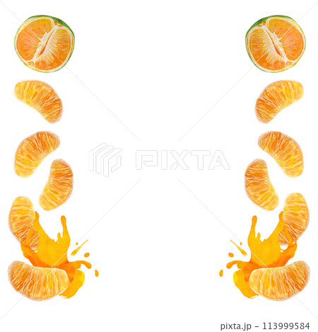Green orange slices making a splash watercolor frame isolated on white background, hand drawn for food design. Packages, restaurant and cafe menu, cards, natural organic food ads, label and logo 113999584