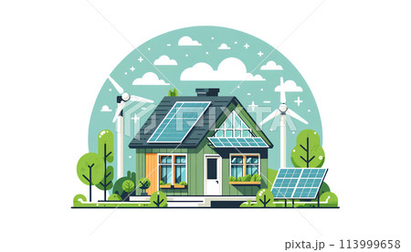 太陽光パネルと風力発電の自然エネルギーで暮らすゼロエネルギーの住宅 太陽光パネルと風力発電の自然エネルギーで暮らすゼロエネルギーの住宅 113999658