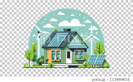 太陽光パネルと風力発電の自然エネルギーで暮らすゼロエネルギーの住宅 太陽光パネルと風力発電の自然エネルギーで暮らすゼロエネルギーの住宅 113999658
