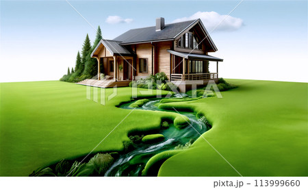 緑の丘の上の木造住宅と川 緑の丘の上の木造住宅と川 113999660