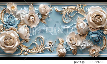 3d wallpaper, roses background, blue and beige color, roses pattern 113999700