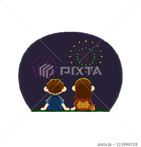 花火を見てるカップル かわいい イラスト 113999728
